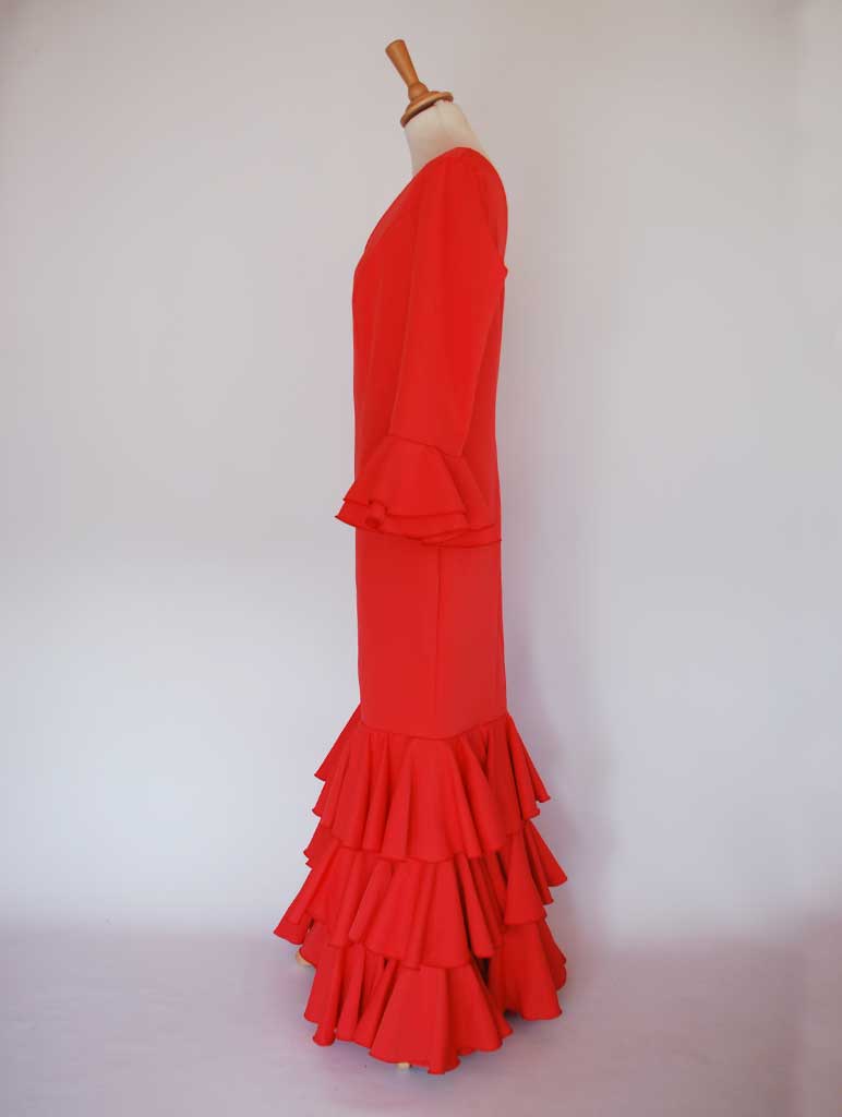 Traje de flamenca elástico rojo volantes de capote